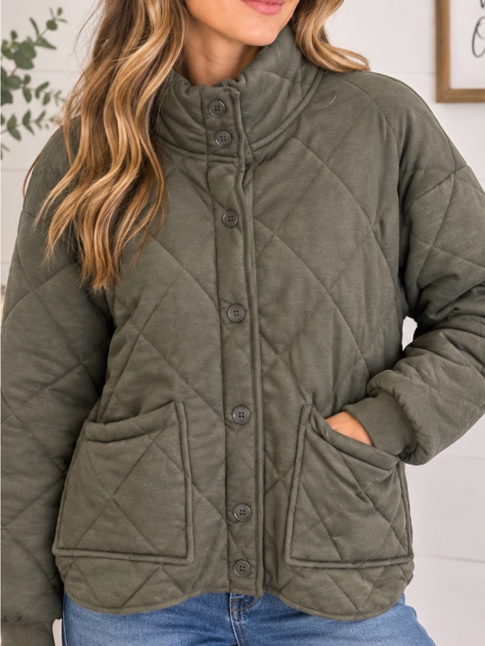 Olive Quilted Button-Front Puffer Jacket Size Small